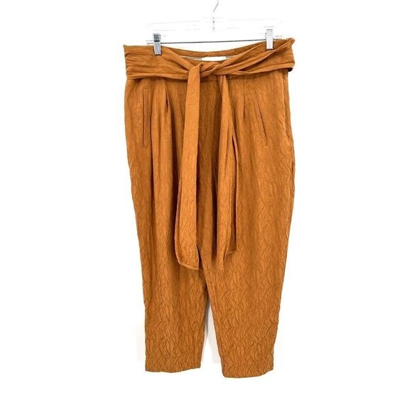 ANTHROPOLOGIE ett:twa Gold Jacquard Tie Waist Boho Straight Leg Crop Pants 14 - Picture 2 of 8
